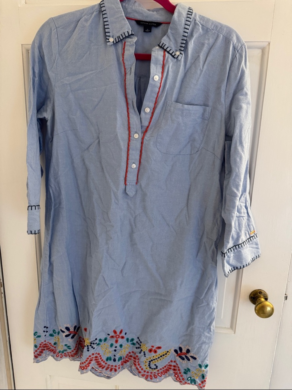 Tommy Hilfiger Light Blue Embroidered Oxford Long Sleeve Dress